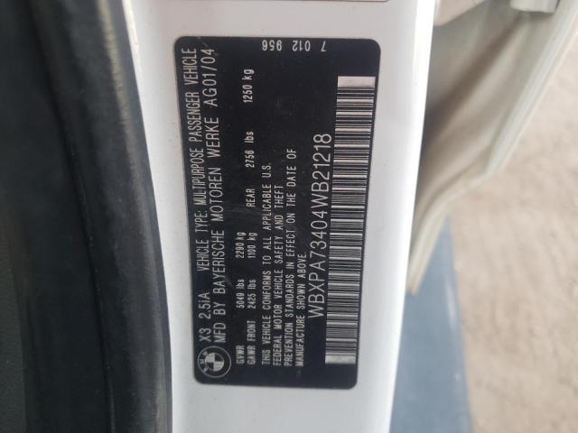 WBXPA73404WB21218 - 2004 BMW X3 2.5I WHITE photo 10