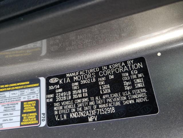 KNDJN2A2XF7152918 - 2015 KIA SOUL SILVER photo 10