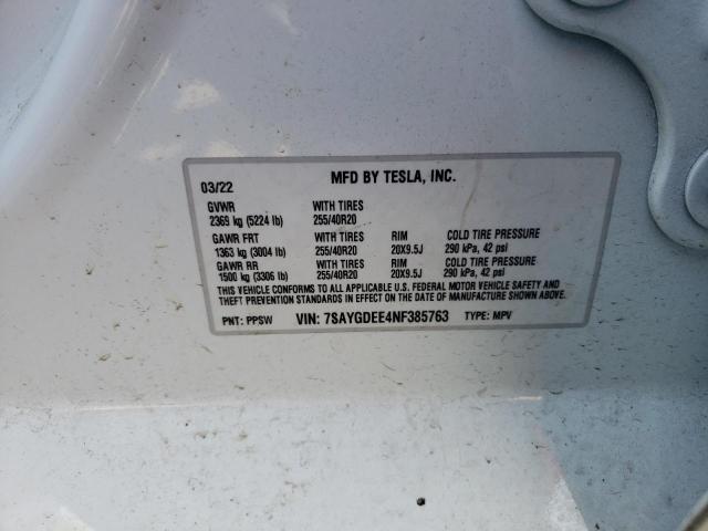 7SAYGDEE4NF385763 - 2022 TESLA MODEL Y Белый фото 10