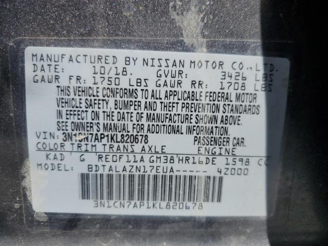 3N1CN7AP1KL820678 - 2019 NISSAN VERSA S GRAY photo 10