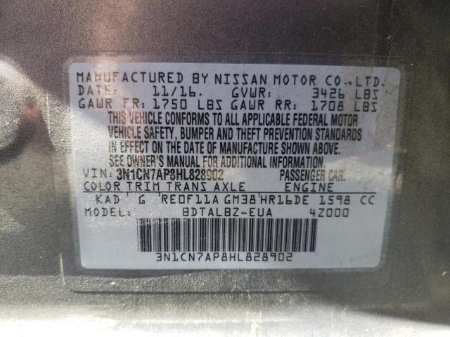 3N1CN7AP8HL828902 - 2017 NISSAN VERSA S GRAY photo 10