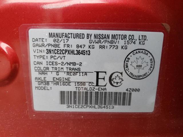 3N1CE2CPXHL364513 - 2017 NISSAN VERSA NOTE RED photo 10