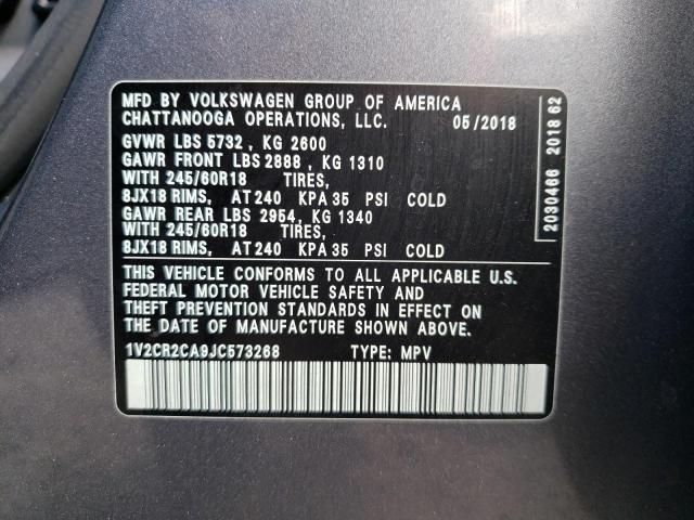 1V2CR2CA9JC573268 - 2018 VOLKSWAGEN ATLAS SE GRAY photo 10