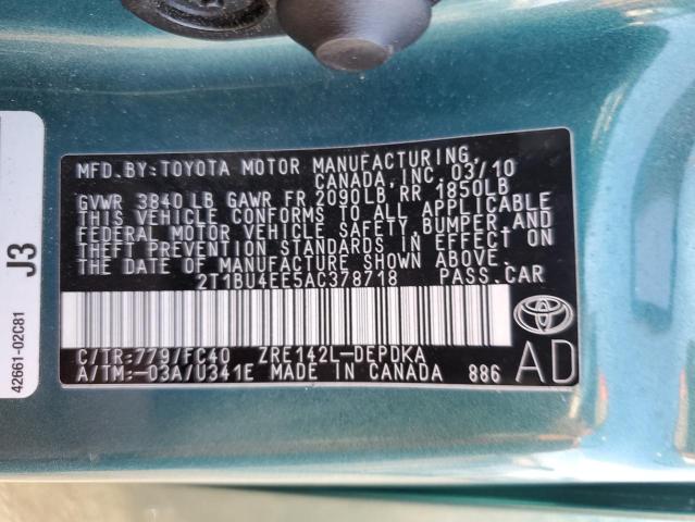 2T1BU4EE5AC378718 - 2010 TOYOTA COROLA GREEN photo 10