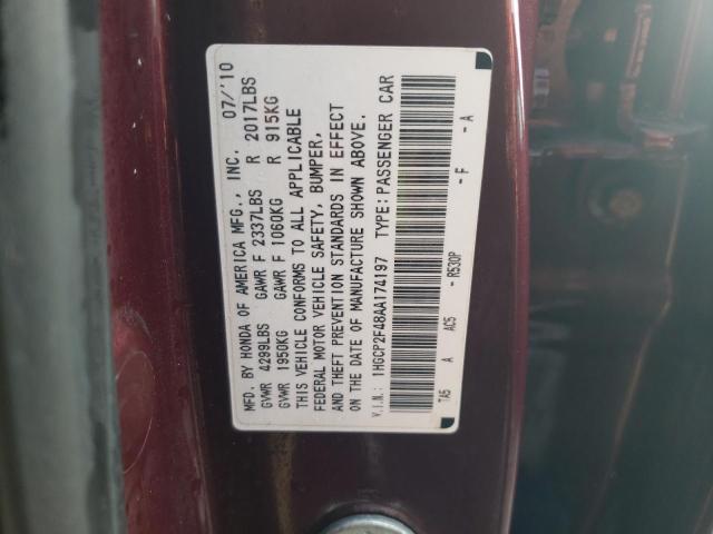 1HGCP2F48AA174197 - 2010 HONDA ACCORD LXP BURGUNDY photo 10