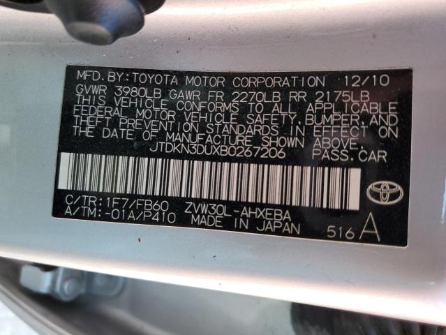 JTDKN3DUXB0267206 - 2011 TOYOTA PRIUS SILVER photo 10