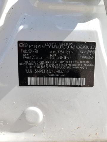 5NPEH4J24LH032883 - 2020 HYUNDAI SONATA LIM WHITE photo 10