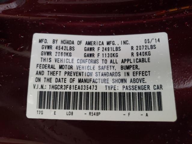 1HGCR3F81EA035473 - 2014 HONDA ACCORD EXL BURGUNDY photo 10