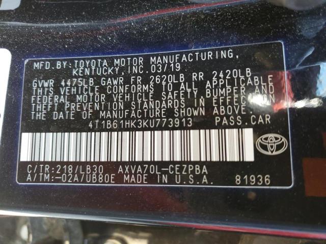 4T1B61HK3KU773913 - 2019 TOYOTA CAMRY XSE BLACK photo 10