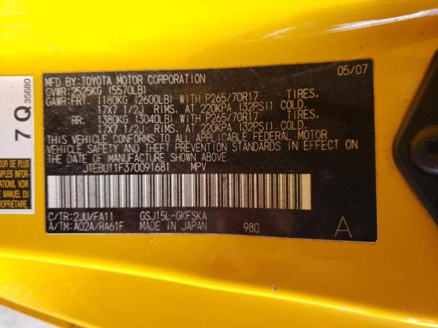 JTEBU11F370091681 - 2007 TOYOTA FJ CRUISER YELLOW photo 10