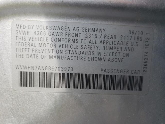 WVWHN7AN8BE703973 - 2011 VOLKSWAGEN CC LUXURY SILVER photo 10