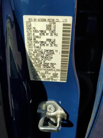 5N1ED28Y74C685128 - 2004 NISSAN EXTERRA BLUE photo 10