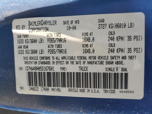 1D7HW48N05S167601 - 2005 DODGE DAKOTA QUA BLUE photo 10