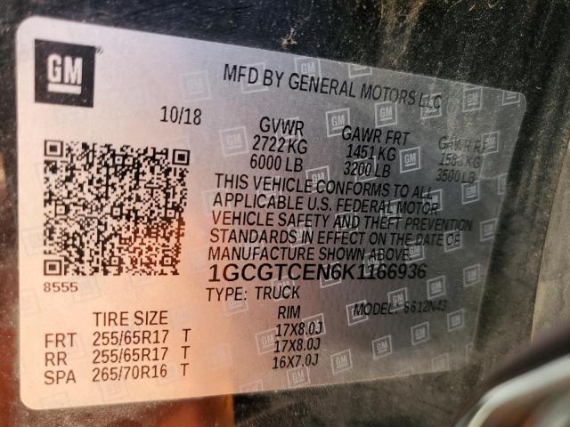 1GCGTCEN6K1166936 - 2019 CHEVROLET COLORADO L BLACK photo 10