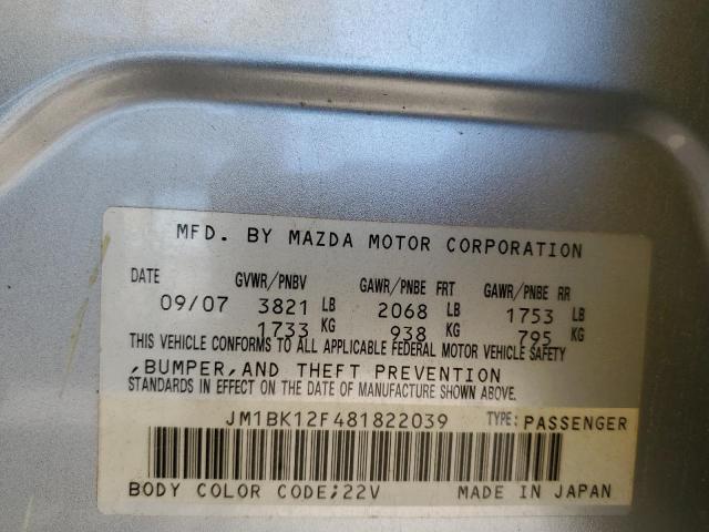 JM1BK12F481822039 - 2008 MAZDA 3 I SILVER photo 10