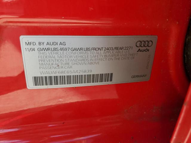 WAUAF68E65A425839 - 2005 AUDI A4 1.8T RED photo 10