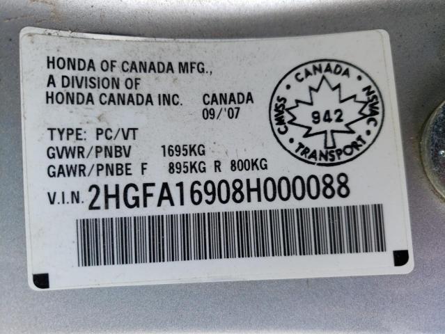 2HGFA16908H000088 - 2008 HONDA CIVIC EXL 银色 照片 10