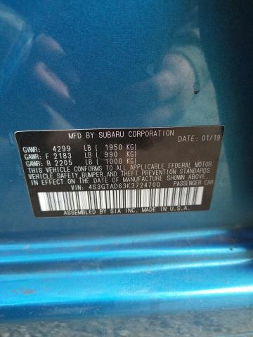 4S3GTAD63K3724700 - 2019 SUBARU IMPREZA PR BLUE photo 10