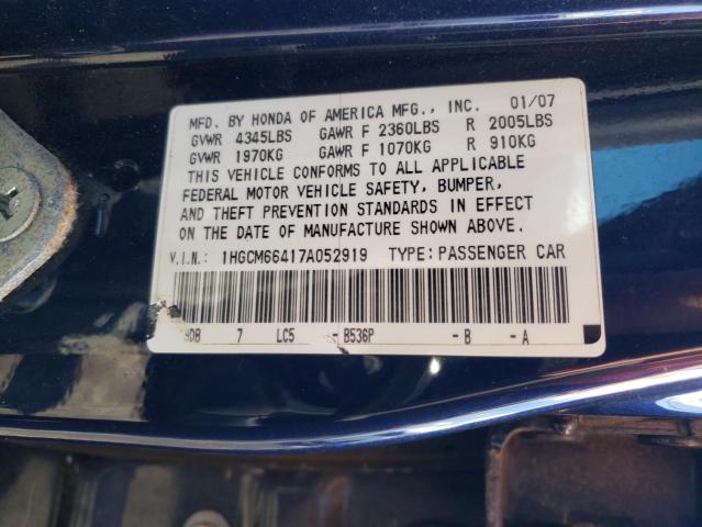 1HGCM66417A052919 - 2007 HONDA ACCORD SE BLUE photo 10