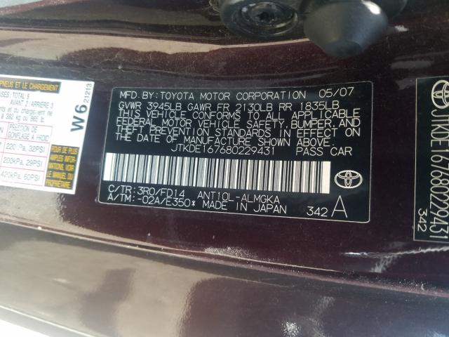 JTKDE167680229431 - 2008 TOYOTA SCION TC BURGUNDY photo 10