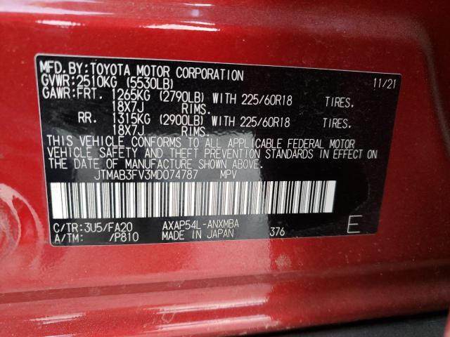 JTMAB3FV3MD074787 - 2021 TOYOTA RAV4 PRIME RED photo 10