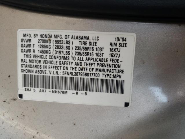 5FNRL38795B017700 - 2005 HONDA ODYSSEY EX SILVER photo 10