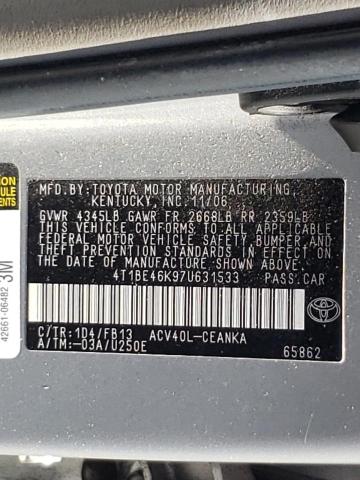 4T1BE46K97U631533 - 2007 TOYOTA CAMRY CE SILVER photo 10