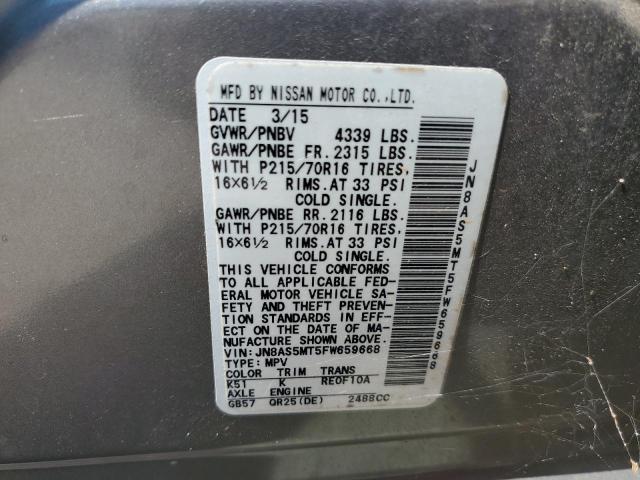 JN8AS5MT5FW659668 - 2015 NISSAN ROGUE SELE GRAY photo 10