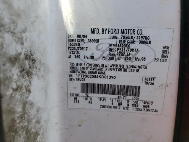 1FTPX02554KD81390 - 2004 FORD F150 WHITE photo 10