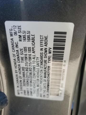 2HKRM4H31CH627508 - 2012 HONDA CR-V LX GRAY photo 10