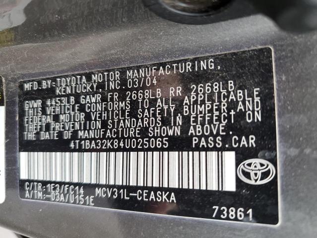 4T1BA32K84U025065 - 2004 TOYOTA CAMRY SE GRAY photo 10