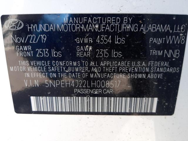 5NPEH4J22LH008517 - 2020 HYUNDAI SONATA LIM WHITE photo 10