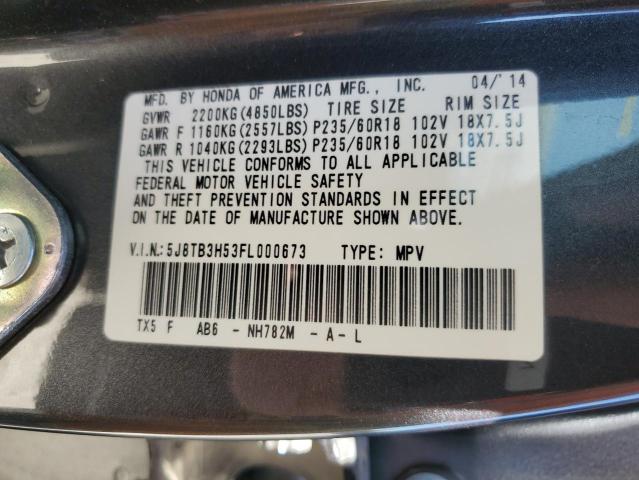 5J8TB3H53FL000673 - 2015 ACURA RDX TECHNO GRAY photo 10