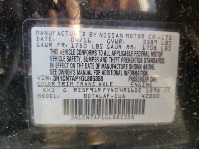 3N1CN7AP1GL885358 - 2016 NISSAN VERSA S BLACK photo 10