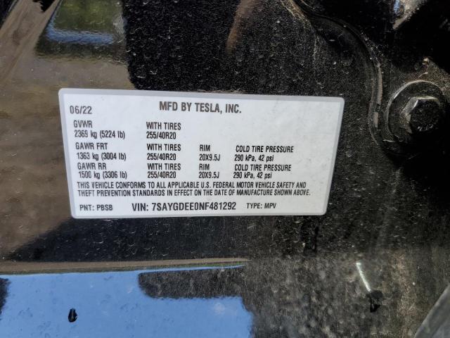7SAYGDEE0NF481292 - 2022 TESLA MODEL Y Noir photo 10