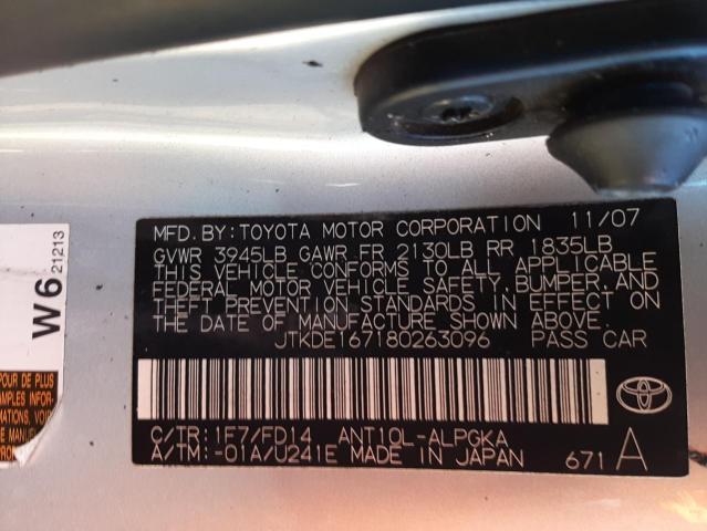 JTKDE167180263096 - 2008 TOYOTA SCION TC 银色 照片 10