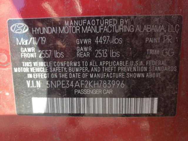 5NPE34AF2KH783996 - 2019 HYUNDAI SONATA LIM RED photo 10