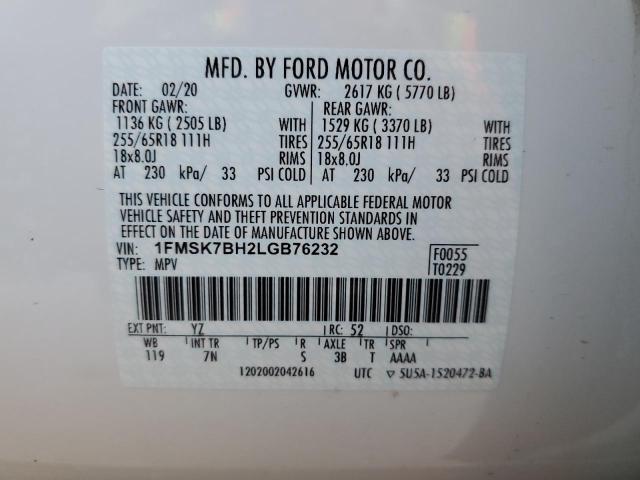 1FMSK7BH2LGB76232 - 2020 FORD EXPLORER WHITE photo 10