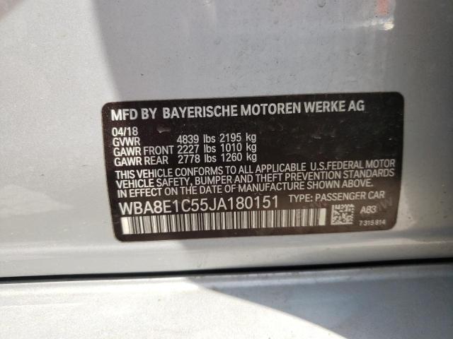 WBA8E1C55JA180151 - 2018 BMW 330E Արծաթագույն լուսանկար 10