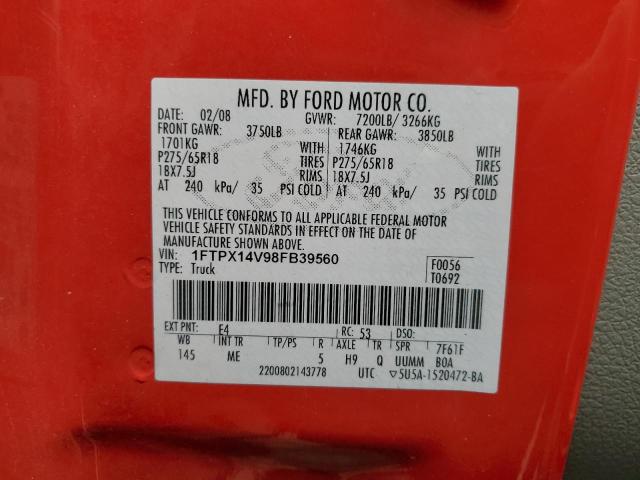 1FTPX14V98FB39560 - 2008 FORD F150 RED photo 10