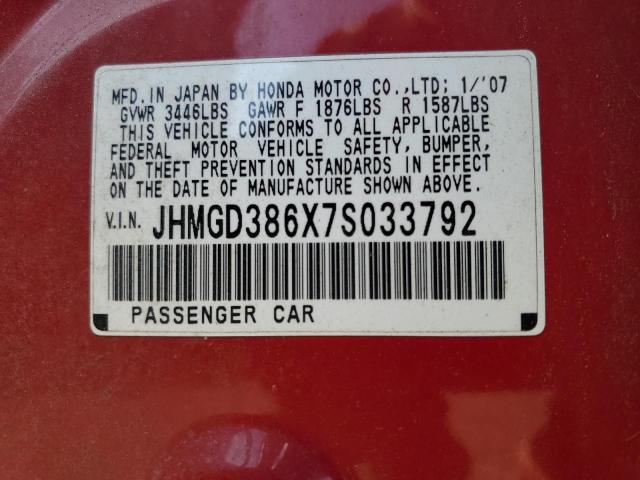 JHMGD386X7S033792 - 2007 HONDA FIT S RED photo 10