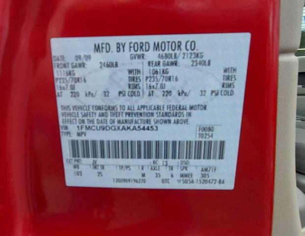 1FMCU9DGXAKA54453 - 2010 FORD ESCAPE XLT RED photo 10