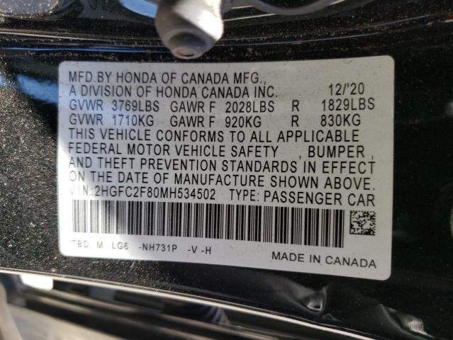 2HGFC2F80MH534502 - 2021 HONDA CIVIC SPOR 黑色 照片 10