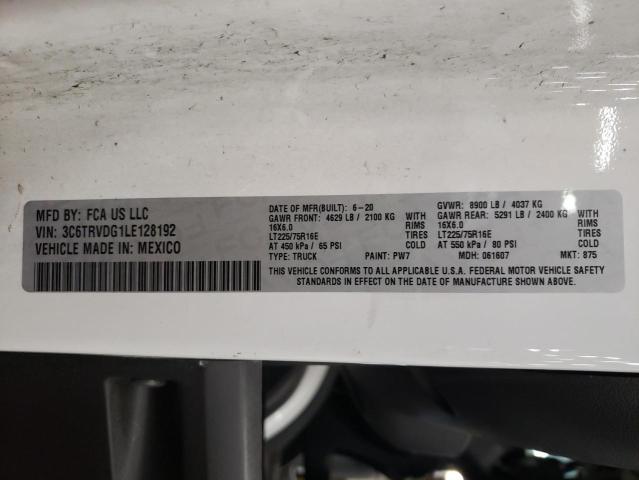 3C6TRVDG1LE128192 - 2020 RAM PROMASTER WHITE photo 10