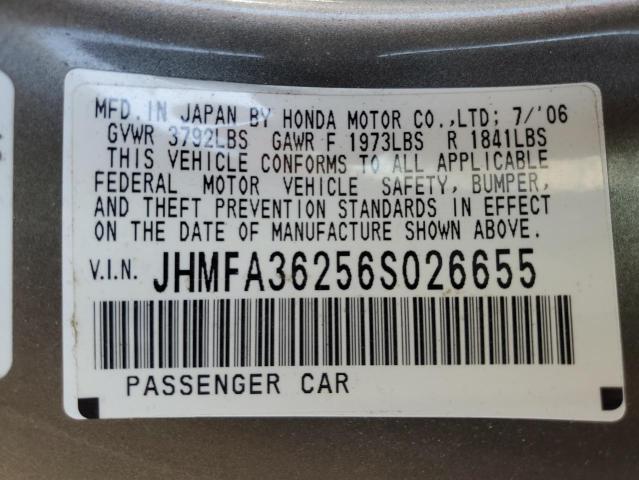 JHMFA36256S026655 - 2006 HONDA CIVIC HYBR GRAY photo 10