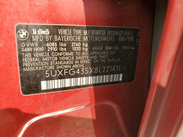 5UXFG435X8L221411 - 2008 BMW X6 XDRIVE3 RED photo 10