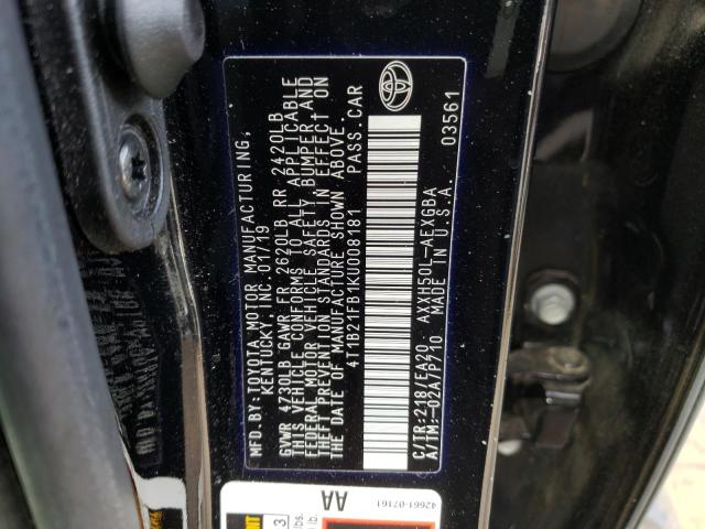 4T1B21FB1KU008181 - 2019 TOYOTA AVALON XLE BLACK photo 10