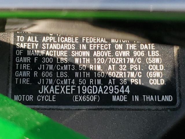 JKAEXEF19GDA29544 - 2016 KAWASAKI EX650 F GREEN photo 10