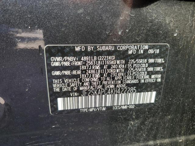 JF2SKAPC4KH422285 - 2019 SUBARU FORESTER S BLACK photo 10