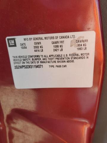 2G2WP522X51194571 - 2005 PONTIAC GRAND PRIX MAROON photo 10